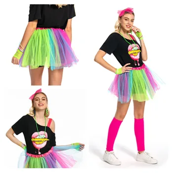 7 шт. /компл. Винтажный Диско-топ, юбка, косплей, костюм для женщин и девочек, красочные танцевальные платья 70-х 80-х годов, наряды для Хэллоуина, Карнавальный костюм для вечеринки