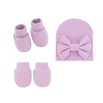 F62D, детская шапочка с бантом, перчатки без царапин, чехол для ног, мягкие хлопковые варежки, шапочка, Носки для новорожденных