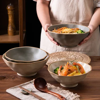 FANCITY Посуда из грубой керамики в японском стиле, миска для рамена, большая миска для шляпы, керамическая ретро-миска для супа, миска для лапши, бытовая миска большого размера