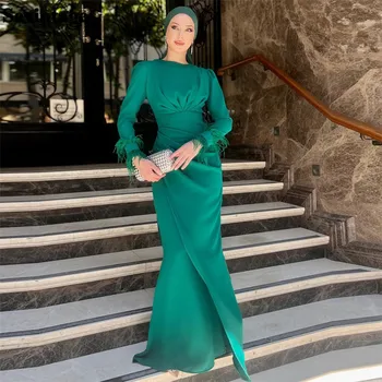 Sevintage Простые зеленые мусульманские платья для выпускного вечера в арабском стиле, плиссированные вечерние платья с длинными рукавами и перьями, Женские вечерние платья 2023