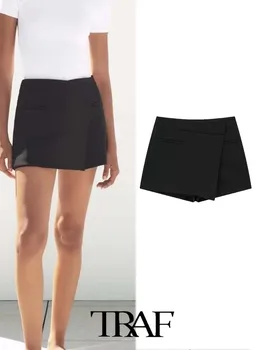 TRAF 2023, Женская новая мода, Новый двухцветный текстурный дизайн для повседневных коротких юбок, брюк, повседневных шорт, женских боковых юбок.