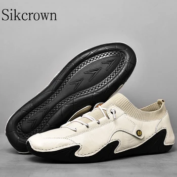 Белые летние мужские повседневные кроссовки Дышащие легкие Кожаные туфли для вождения ручной работы большого размера 46 Дизайнерские модные мокасины