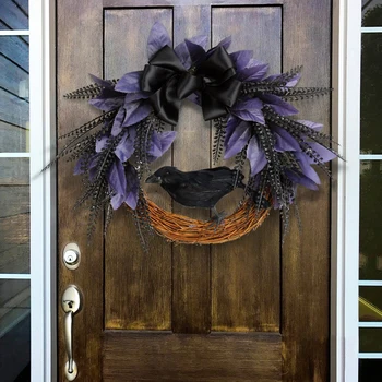 Венок на дверь в Хэллоуин, прочный венок с бантом в виде вороны на Хэллоуин, идеальный подарок, декор на Хэллоуин, гирлянды для вечеринки страха в помещении на открытом воздухе