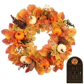 Венок на день благодарения, венок из искусственной тыквы, 45 см /17,72 дюйма, осенний лист клена, тыква, сосновая шишка, Ягодный фермерский дом, сезонность