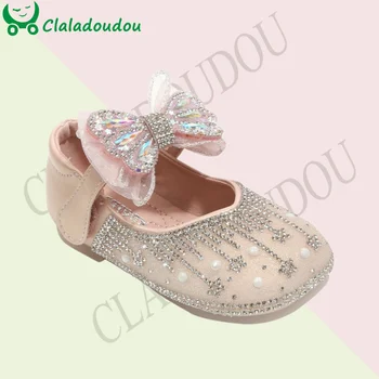 Высококачественная кожаная обувь для девочек, украшенная стразами, модельные туфли принцессы для малышей с милым узлом в виде бабочки для вечеринки