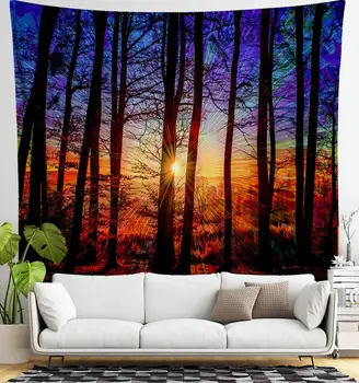 Гобелен с восходом солнца в лесу | Синяя и красная лесная сцена, висящая на стене со скрытыми изображениями | Спальня, гостиная, общежитие