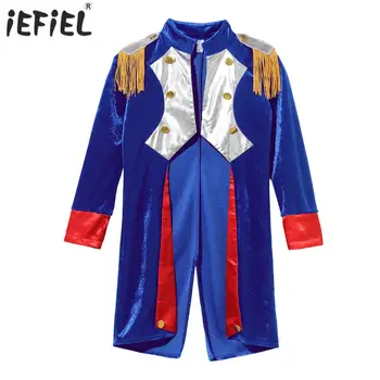 Детская куртка директора циркового манежа для мальчиков и девочек, Цирковой костюм для косплея, длинный рукав, эполет с кисточками, Золотые пуговицы, фрак, куртка