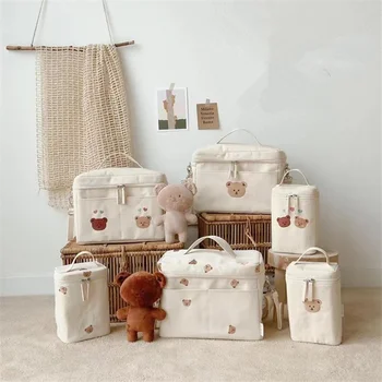 Детская холщовая сумка для подгузников, вышитая медведем Сумка-холодильник, термоизоляционная сумка для детского питания, сумка для мамы, сумка для пикника, сумка для переноски в корейском стиле