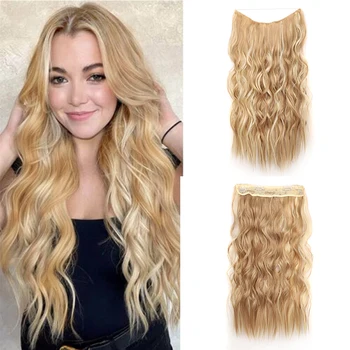 Длинный волнистый регулируемый проволочный шиньон для женщин, блондинка Омбре, Невидимая леска для наращивания волос, искусственные волосы из синтетического волокна