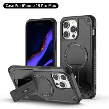 Для MagSafe магнитный чехол для телефона iPhone 15 14 Plus 13 Pro Max со скрытым держателем и подставкой, военный противоударный чехол из ПК + ТПУ