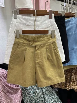 Женские летние шорты из 100% хлопка, широкие шорты, Женский карман, эластичный пояс, Хаки, Белые, зеленые, повседневные короткие брюки для женщин