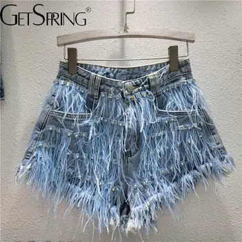 Женские шорты GetSpring 2023 Лето, Бриллиантовые Страусиные волосы, модные универсальные джинсовые шорты с кисточками для женщин, синие джинсовые шорты