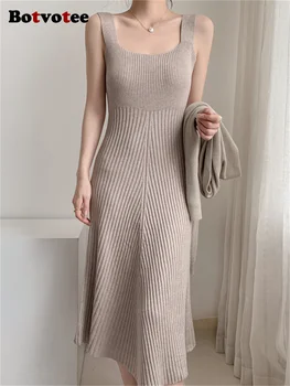 Женское трикотажное платье Botvotee 2023, новое модное винтажное элегантное платье с высокой талией, однотонное платье в полоску без рукавов с квадратным воротником