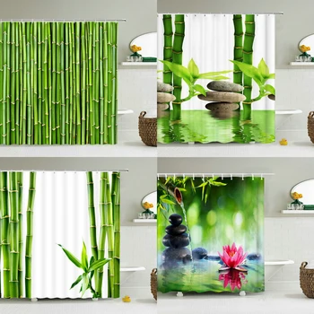 Зеленое растение, Бамбуковая занавеска для душа, Занавеска для ванной, Водонепроницаемая Полиэфирная 3D-печать Деревьев 300 * 180 см, Ширма для ванны с крючками