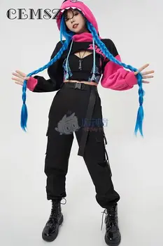 Игра LOL Arcane Косплей Jinx Doujin Модная толстовка с капюшоном Костюмы Аниме Лиги, бархатная куртка для девочек, спортивный жилет, набор ожерелий