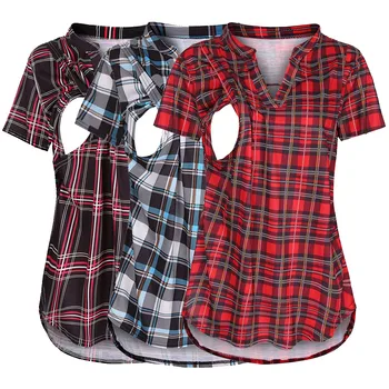 Комплекты футболок из 3 предметов для беременных, повседневные топы в клетку с коротким рукавом и принтом, женская блузка для кормления грудью, футболка с V-образным вырезом