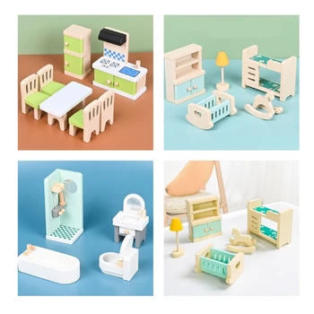 Кукольный домик Миниатюрная деревянная кровать с выдвижным ящиком Имитационная мебель для спальни Модель мебели для спальни Игрушка для ролевых игр