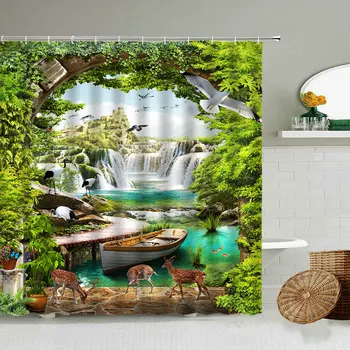 Лес, водопад, ручей, пейзаж, Занавеска для душа, Весеннее Зеленое растение, цветок, Олень, Аксессуары для ванной комнаты, водонепроницаемый подвесной экран
