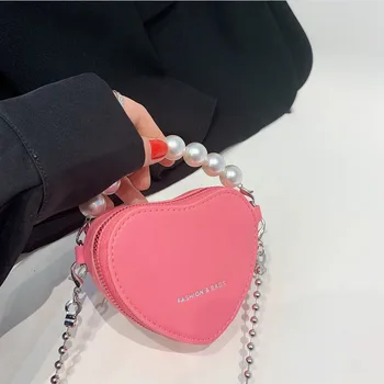 Милая розовая сумочка в форме сердечка, мини-фарфоровая сумка через плечо с короткой ручкой из искусственного жемчуга для женщин и девочек