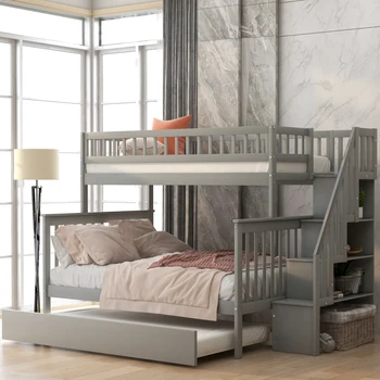 Многоразовая двухъярусная кровать с двумя односпальными кроватями, с чемоданом и лестницей, место для хранения, удобная для детской спальни, серая