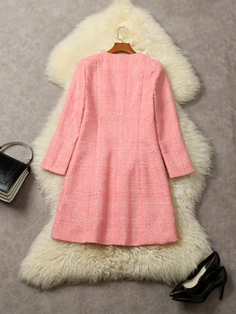 Модное женское платье из твида на осень-зиму с длинным рукавом 2023, элегантное однобортное розовое платье выше колена, праздничный офисный халат