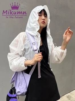 Модные Короткие куртки Harajuku, Белые Женские Солнцезащитные Пиджаки с капюшоном и завязками с длинным рукавом, Корейская Уличная одежда, Женские пальто