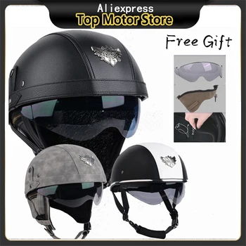 Мотоциклетный ретро-шлем Four Seasons, Летний Дышащий Солнцезащитный защитный шлем, Кожаный, защищающий от запотевания, Ветрозащитный Полушлем.