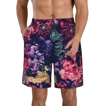 Мужские повседневные шорты с плоской передней частью в красно-фиолетовый цветочек, пляжные брюки на шнурке, комфортные шорты для дома S