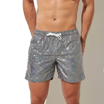 Мужские Трендовые Дышащие Свободные пляжные брюки с блестящим металлическим принтом и завязками на шнурках, Повседневные спортивные брюки
