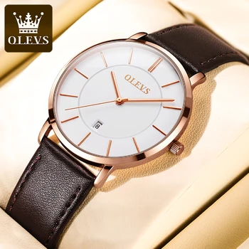 Мужские часы OLEVS Классические простые оригинальные кварцевые мужские часы с водонепроницаемым кожаным ремешком, модные наручные часы с тонким корпусом 6,5 мм