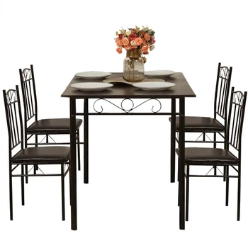 Обеденный стол из 5 предметов, деревянный металлический стол и 4 стула с подушками из искусственной кожи, кухонная мебель для завтрака, черный