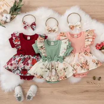 Одежда для новорожденных, Вязаный комбинезон, модный костюм для новорожденных, комбинезон с коротким рукавом и цветочным принтом для маленьких девочек, Летняя одежда