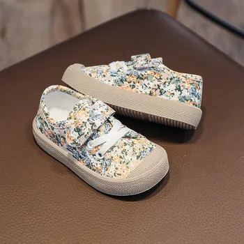 Парусиновая детская обувь с цветочным рисунком Для девочек, универсальная обувь для мальчиков, мягкая подошва, удобная нескользящая обувь для малышей обувь для девочек