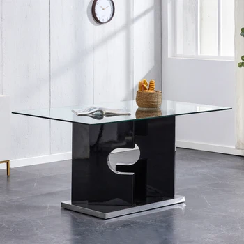 Прямоугольный стеклянный обеденный стол на 6-8 персон со столешницей из закаленного стекла 0,39 дюйма и кронштейном специальной формы из МДФ для столовой и гостиной