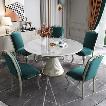 Роскошный кухонный стол с 5 стульями воронкообразной формы, основа из нержавеющей древесины, мебель для дома, столешница из белого мрамора, набор для круглого обеденного стола