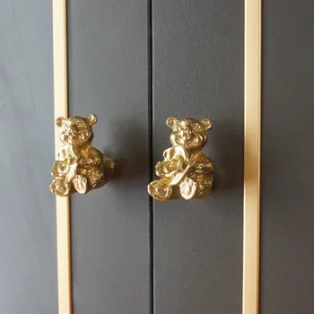 Ручки шкафа с медведем из цельной латуни в скандинавском стиле, Золотисто-светлые Роскошные ручки с одним отверстием для мебели