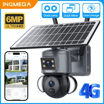 Солнечная камера INQMEGA с двойным экраном 6MP 4G с солнечной панелью для подзарядки аккумулятора Камеры видеонаблюдения CCTV, солнечная камера 4G
