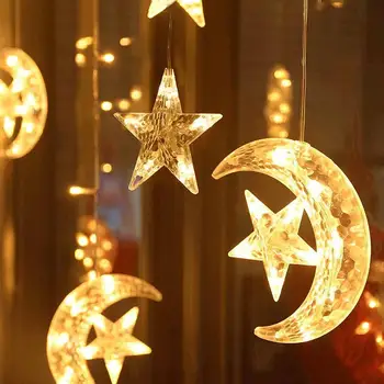 Солнечные Звездные Лунные занавески, 8 режимов, Сказочные огни для окон на заднем дворе, сад, патио, Домашний Рождественский декор в Рамадан