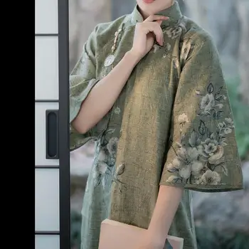 Традиционное китайское платье Чонсам Ципао, конопляное ретро, Весна-лето-осень, с принтом перевернутых больших рукавов, Женская одежда Ципао