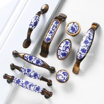 Фарфоровые / Антикварные латунные ручки, Модная креативная Керамическая Мебельная ручка, синий и белый Бронзовый выдвижной ящик для шкафа